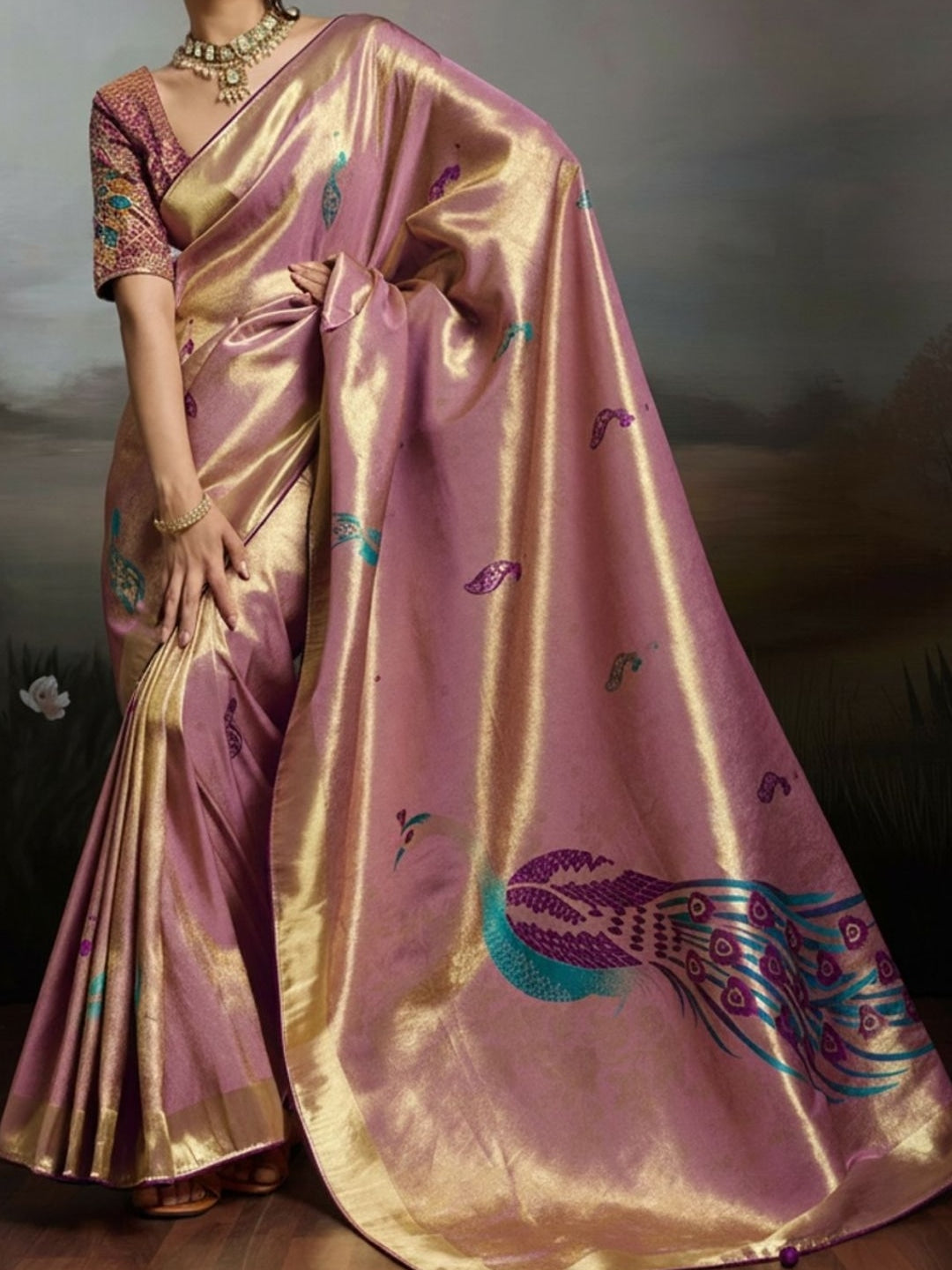 Peachmode Pink Banarasi Jacquard Saree with Peacock Woven Pallu - Image 3