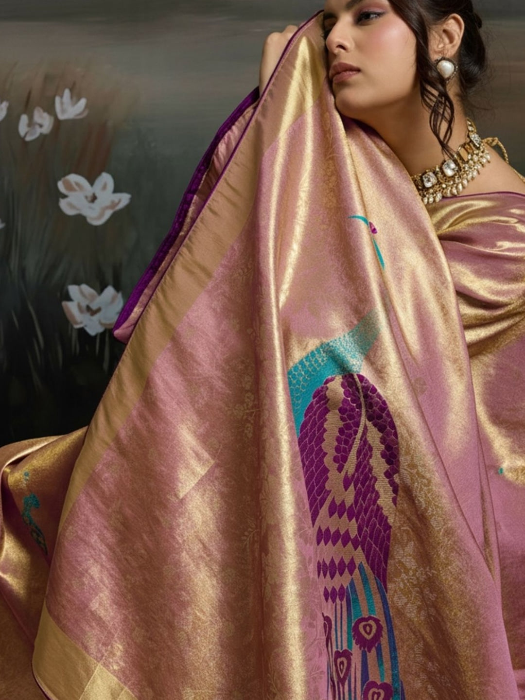 Peachmode Pink Banarasi Jacquard Saree with Peacock Woven Pallu - Image 4