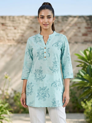 Mint Green Floral Printed Pure Cotton A-Line Casual Top - Image 1