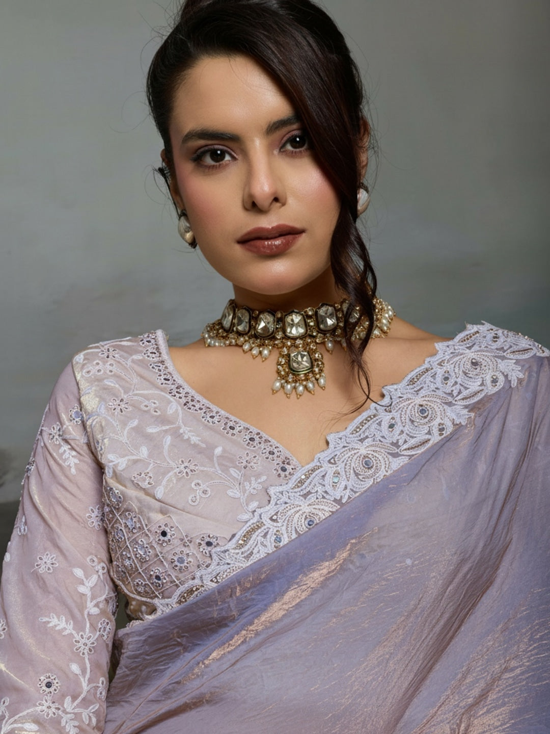 Peachmode Lavender Satin Velvet Saree with Ivory Embroidery - Image 3