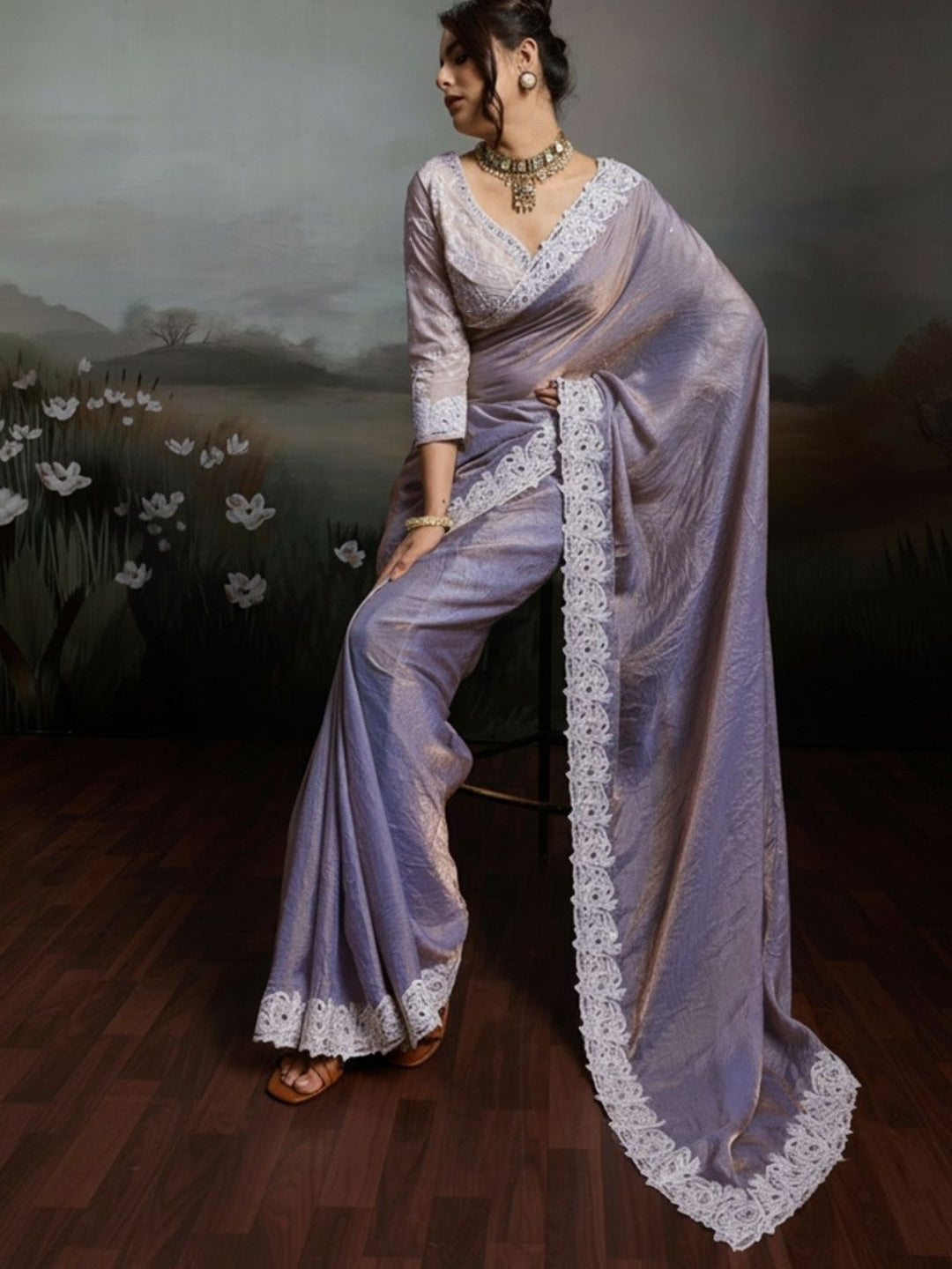 Peachmode Lavender Satin Velvet Saree with Ivory Embroidery - Image 4
