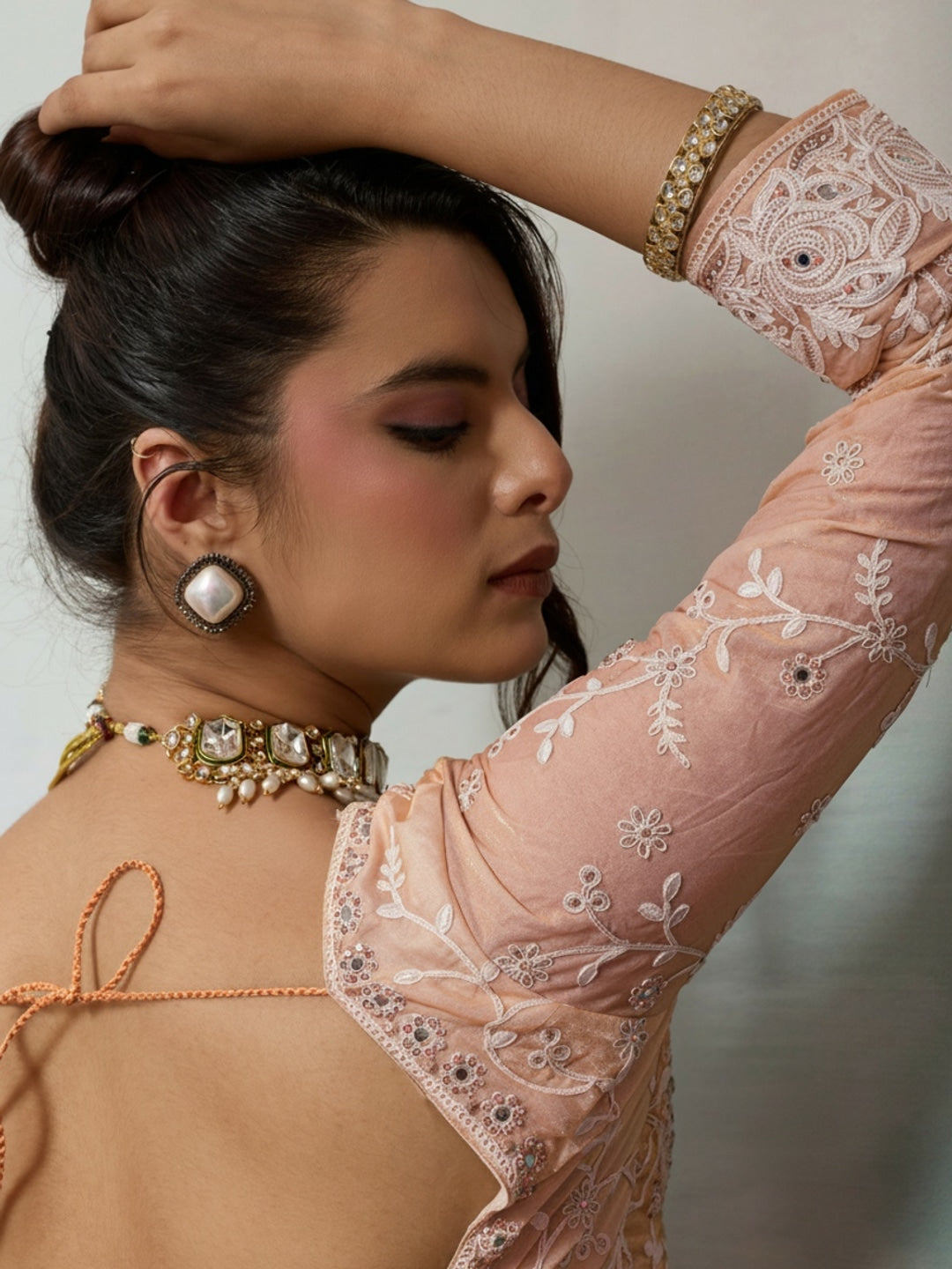 Peachmode Peach Satin Velvet Saree with Ivory Embroidery - Image 3