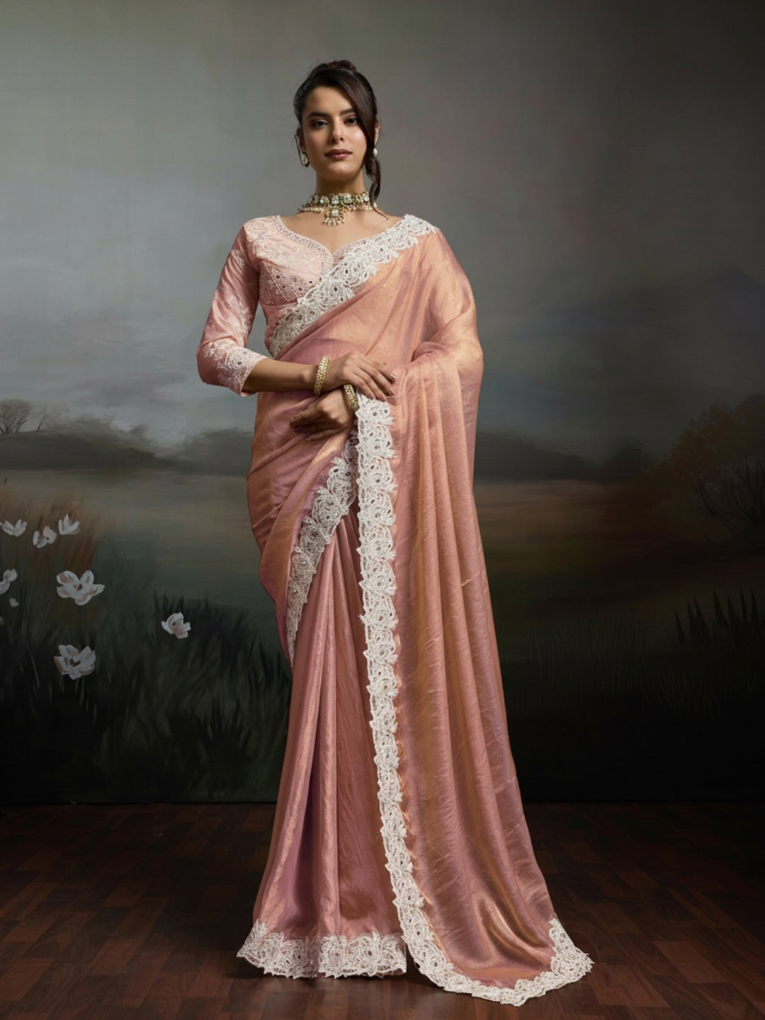 Peachmode Peach Satin Velvet Saree with Ivory Embroidery - Image 4