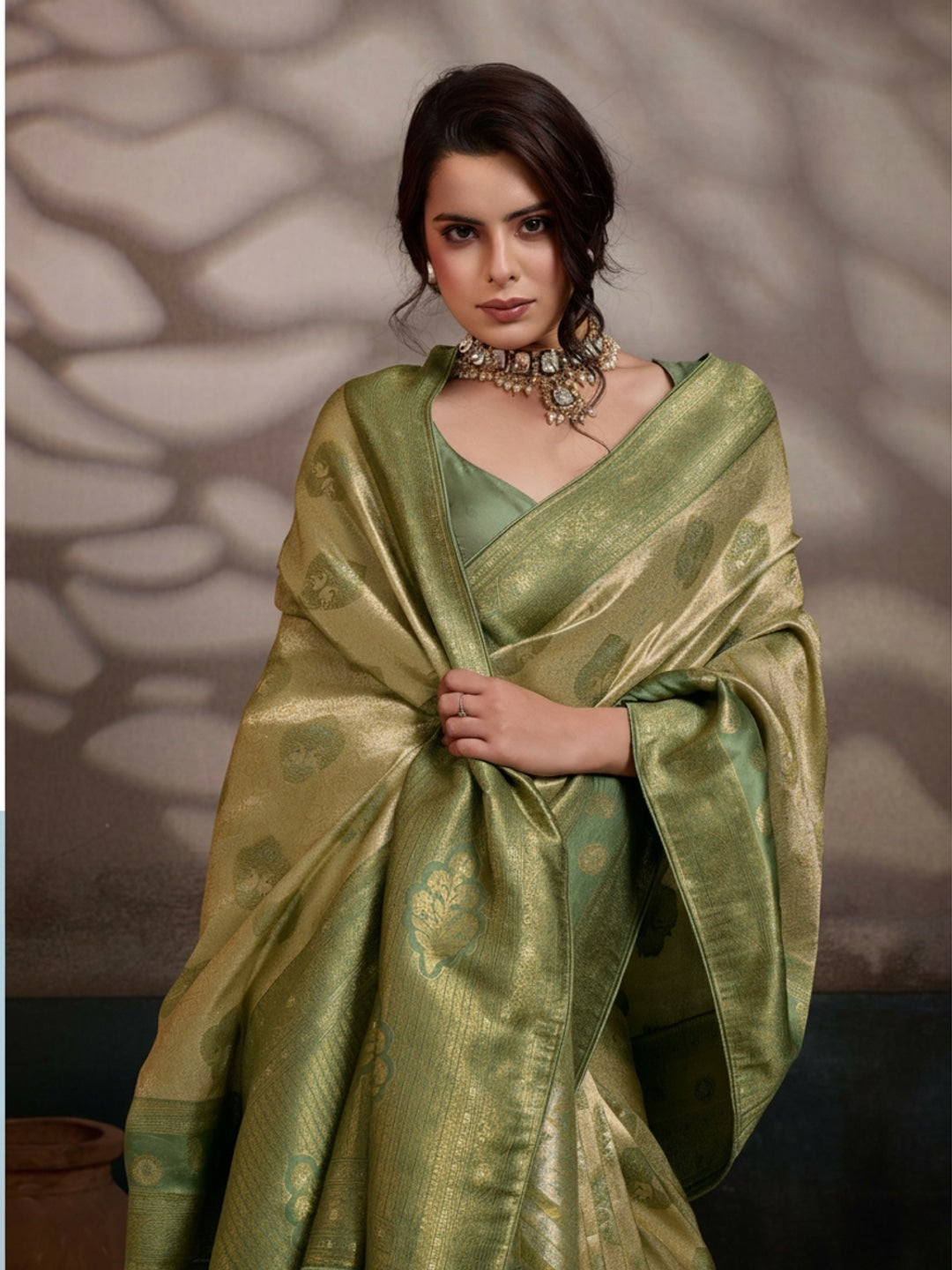 Peachmode Olive Kanjivaram Soft Silk Saree with Meenakari Woven Pallu - Image 3