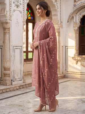 Festive Mauve Pure Cotton Straight Salwar Suit with Lace Work - Image 2