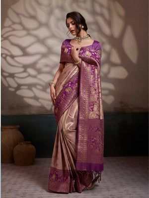 Peachmode Maroon Kanjivaram Soft Silk Saree with Meenakari Woven Pallu - Image 1