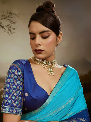 Peachmode Blue Soft Chiffon Ombre Saree with Zari Woven Pallu - Image 1