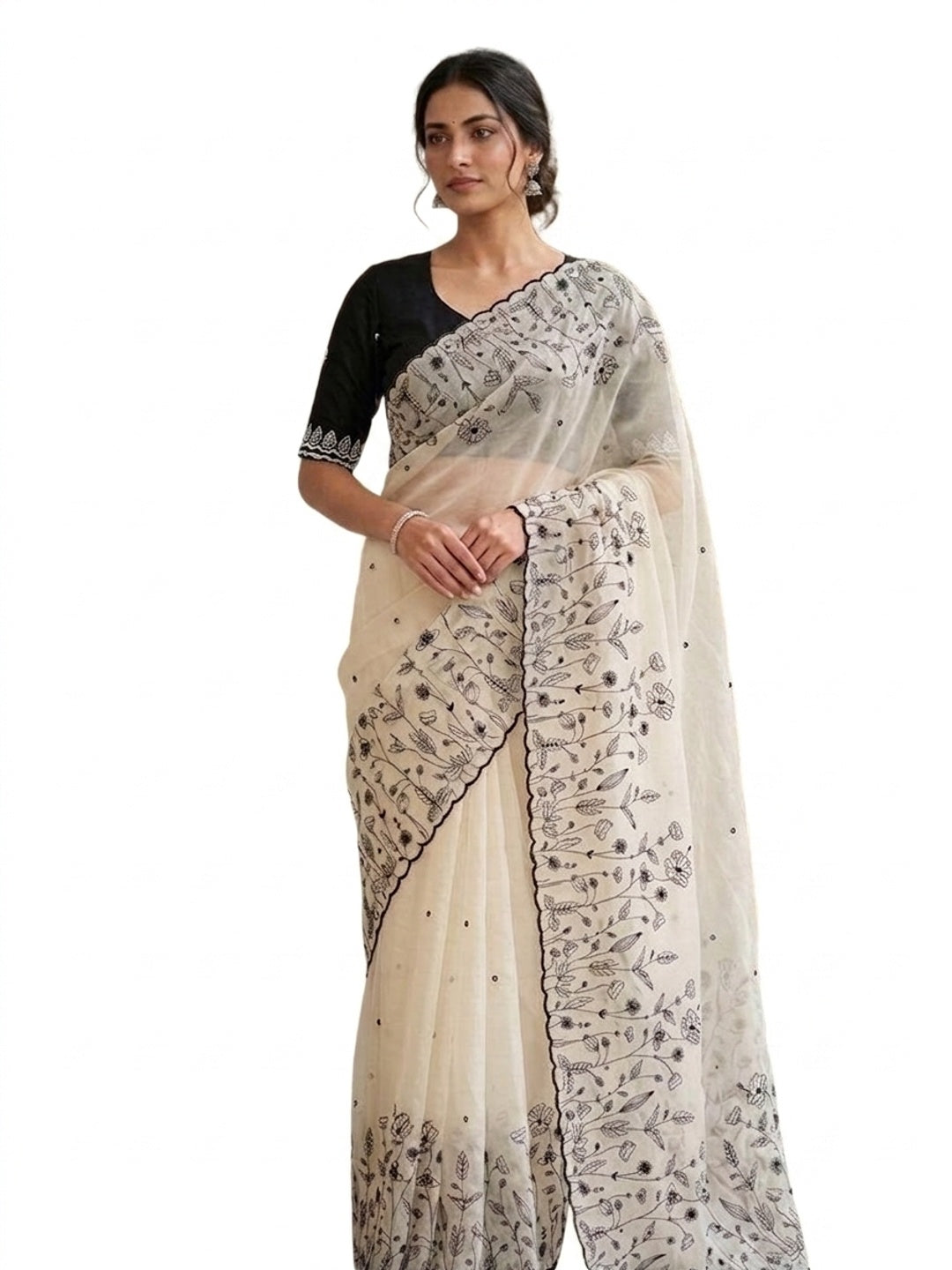 Peachmode White Georgette Saree with black floral embroidery - Image 2