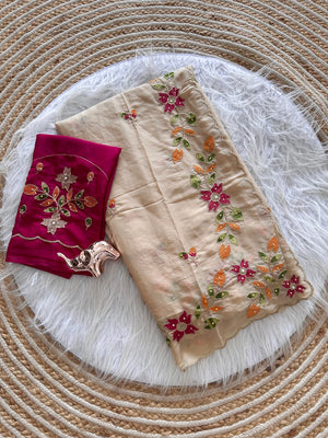 Peachmode Beige Georgette Saree with multi-color floral embroidery - Image 2