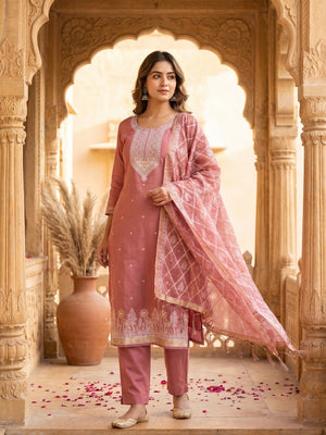 Elegant Pink Floral Zari Woven Muga Cotton Blend Jamdani Dress Material With Pichwai Design - Image 1