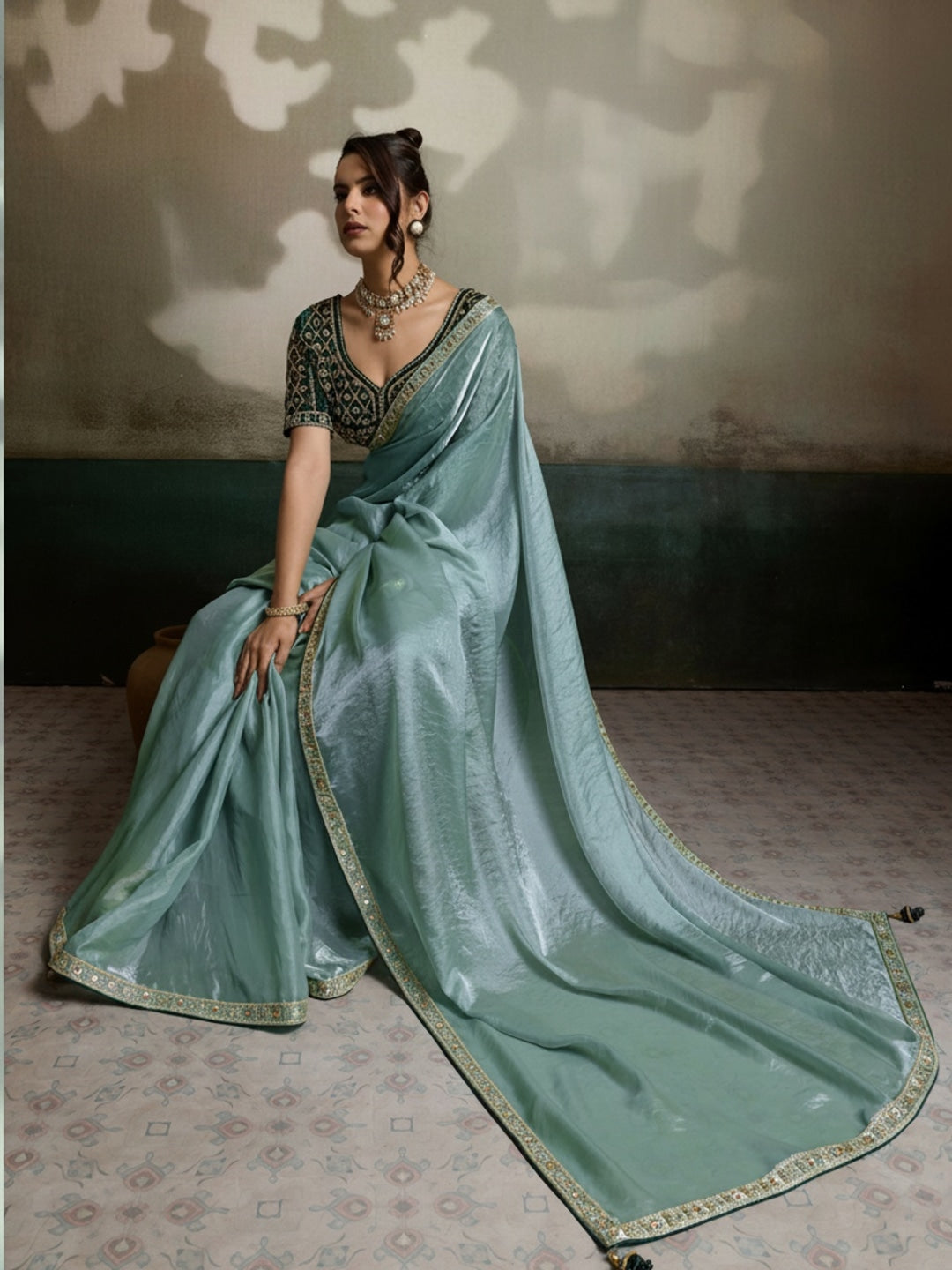 Peachmode Silver Velvet Satin Saree with Handwork Lace - Image 3