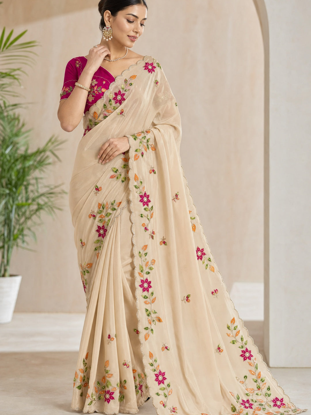 Peachmode Beige Georgette Saree with multi-color floral embroidery - Image 1