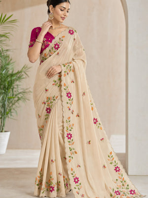 Peachmode Beige Georgette Saree with multi-color floral embroidery - Image 1