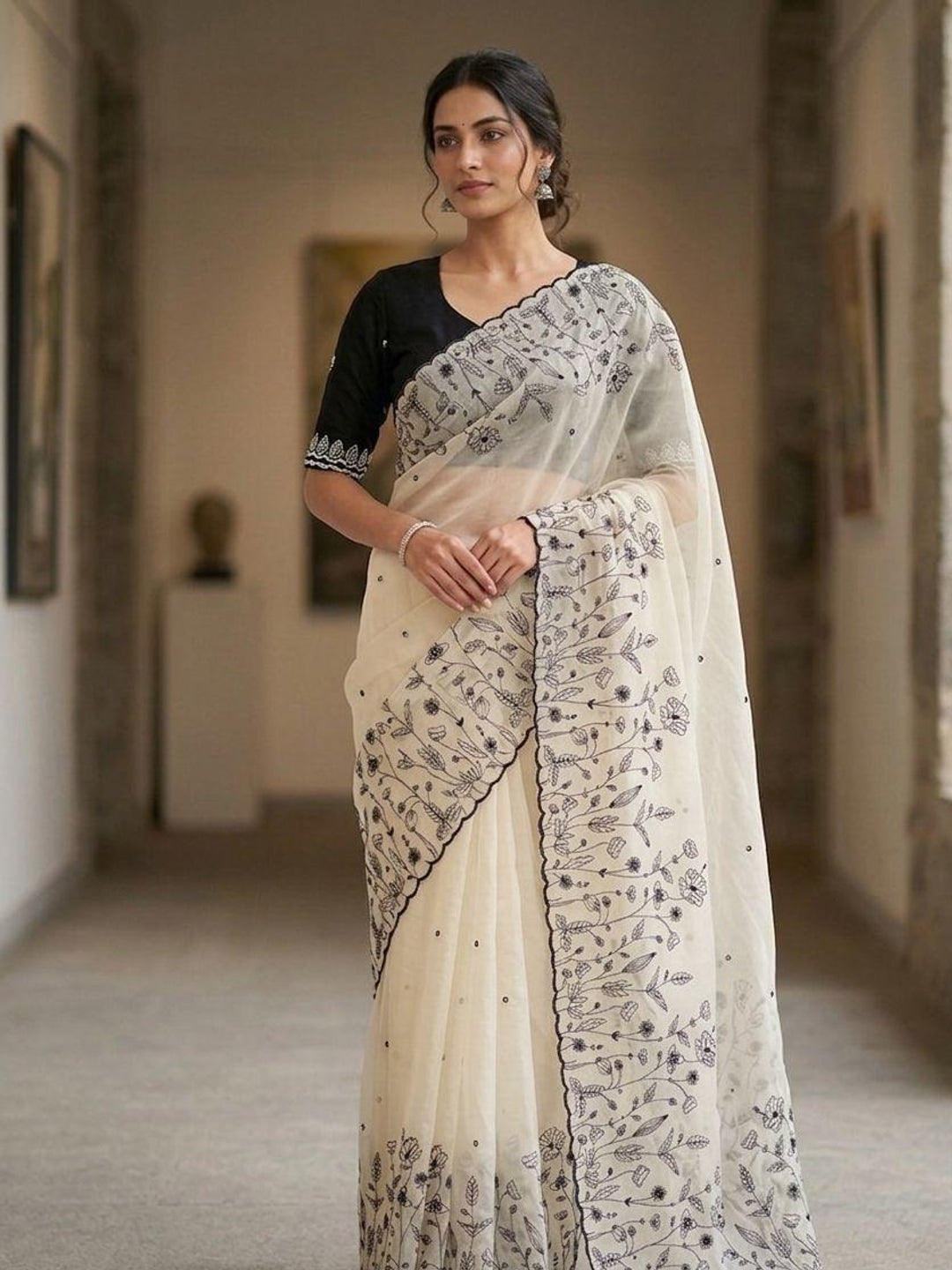 Peachmode White Georgette Saree with black floral embroidery - Image 1