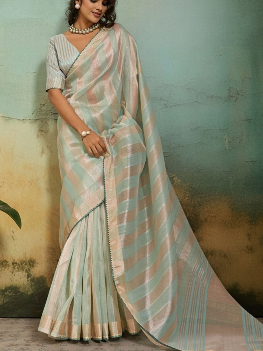 Peachmode Cream Cotton Silk Blend Saree with Zari Striped Weaving - Image 4