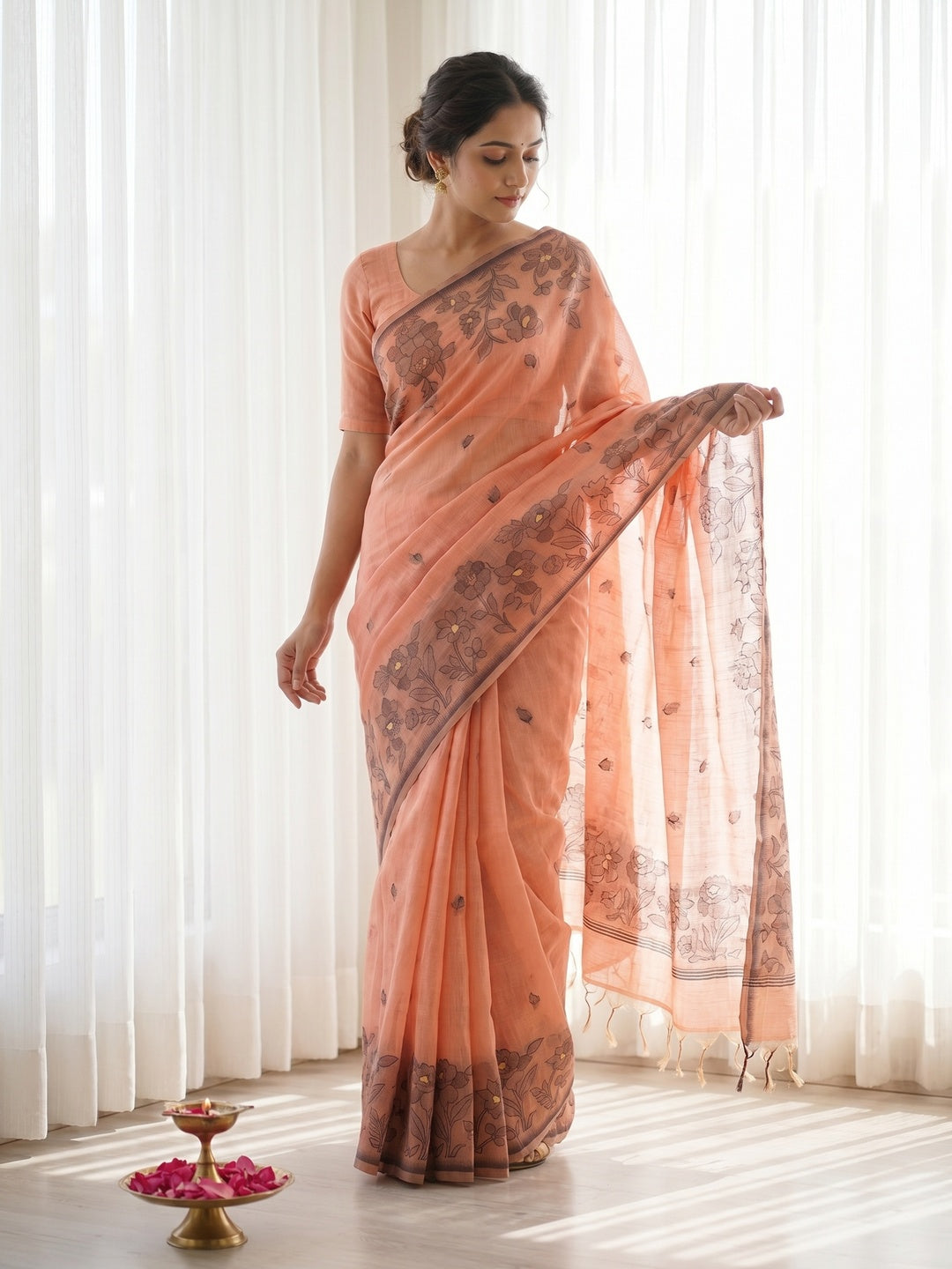 Peach Cotton Blend Festive Wear Saree with Elegant Floral Woven Pattern - Image 1