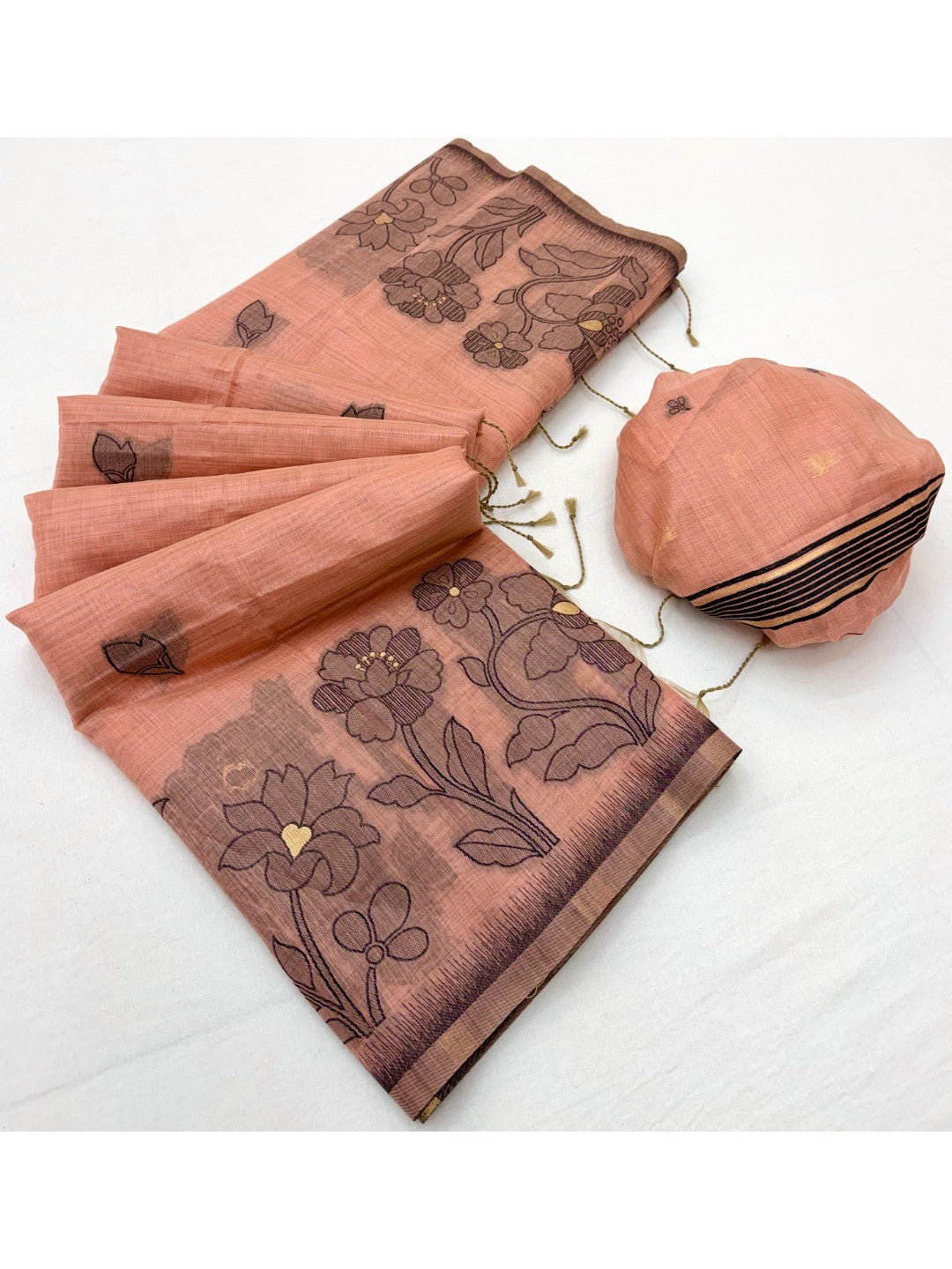 Peach Cotton Blend Festive Wear Saree with Elegant Floral Woven Pattern - Image 2