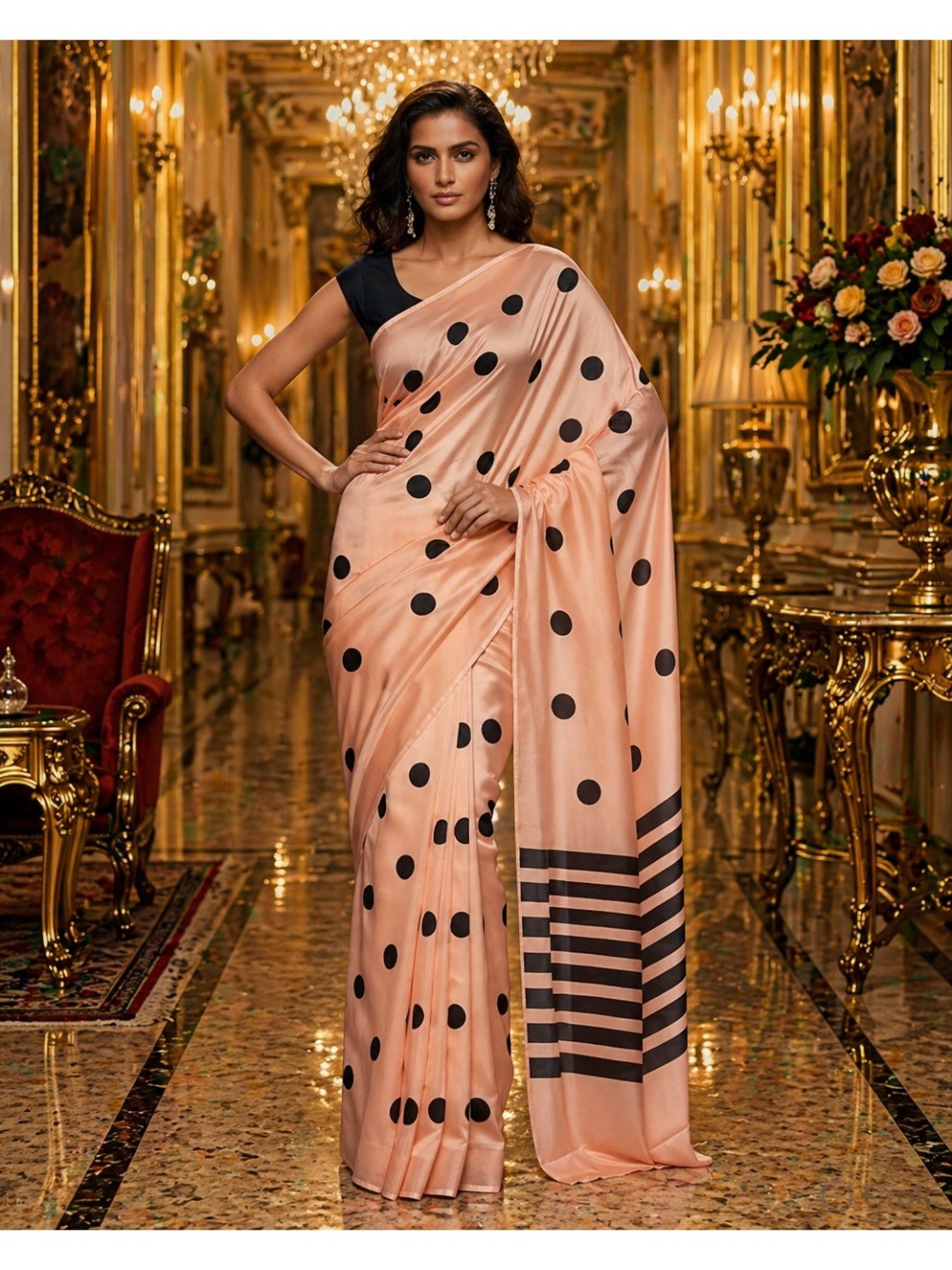 Stylish Peach Polka Dot Printed Work Silk Crepe Saree With Contrast Striped Pallu - Image 1