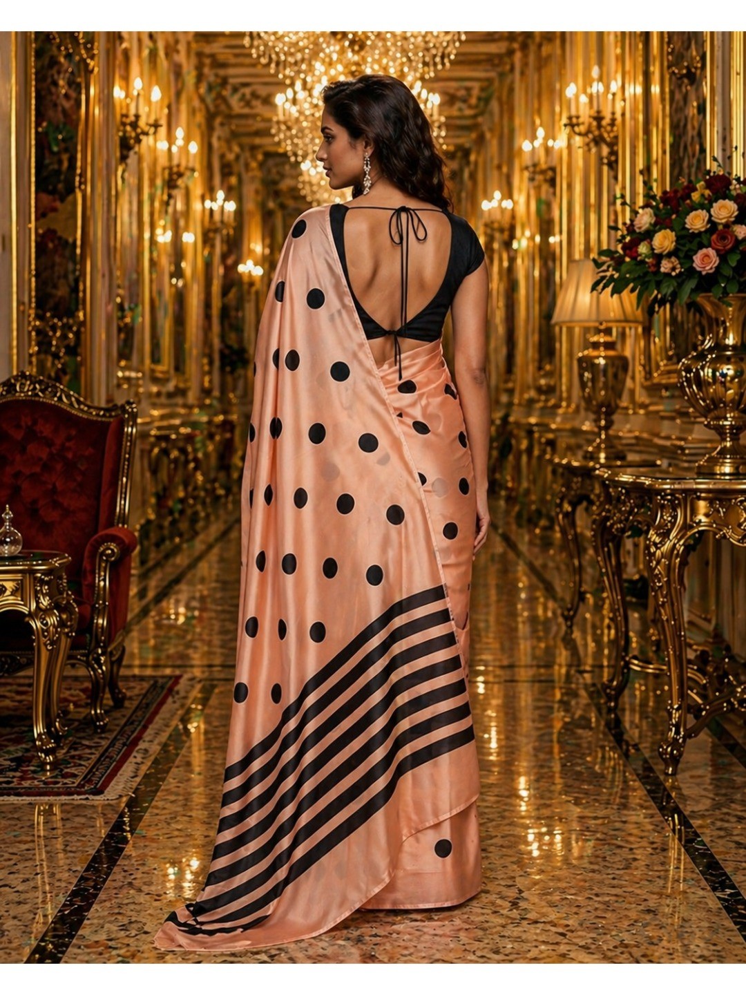 Stylish Peach Polka Dot Printed Work Silk Crepe Saree With Contrast Striped Pallu - Image 2