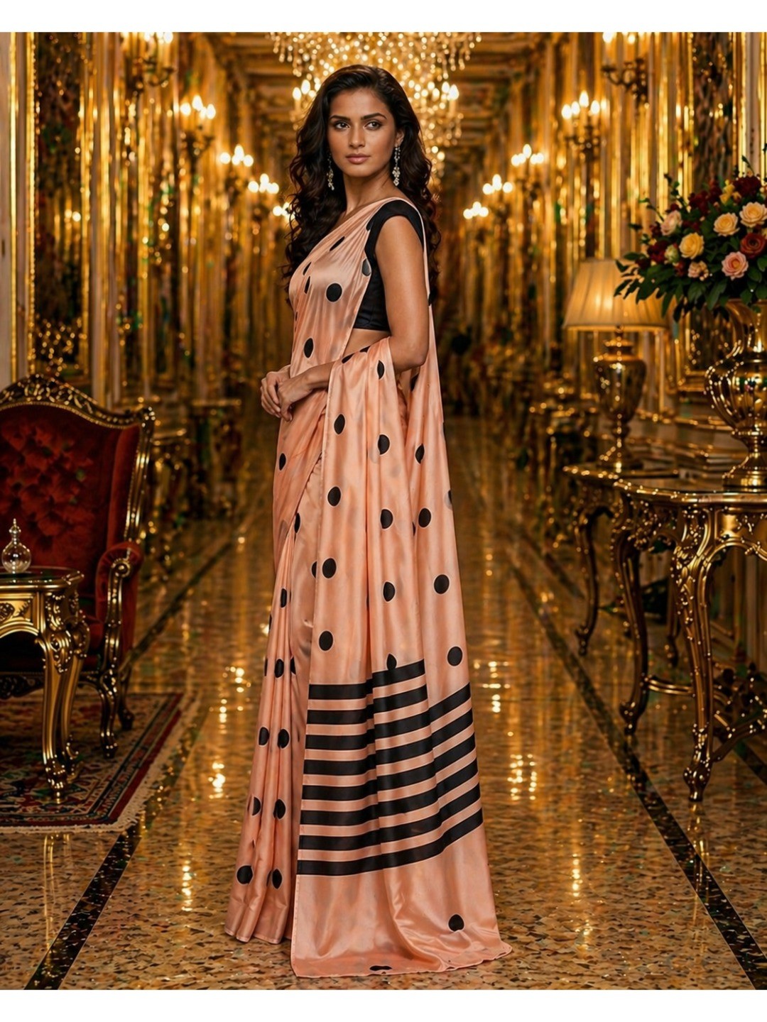 Stylish Peach Polka Dot Printed Work Silk Crepe Saree With Contrast Striped Pallu - Image 3