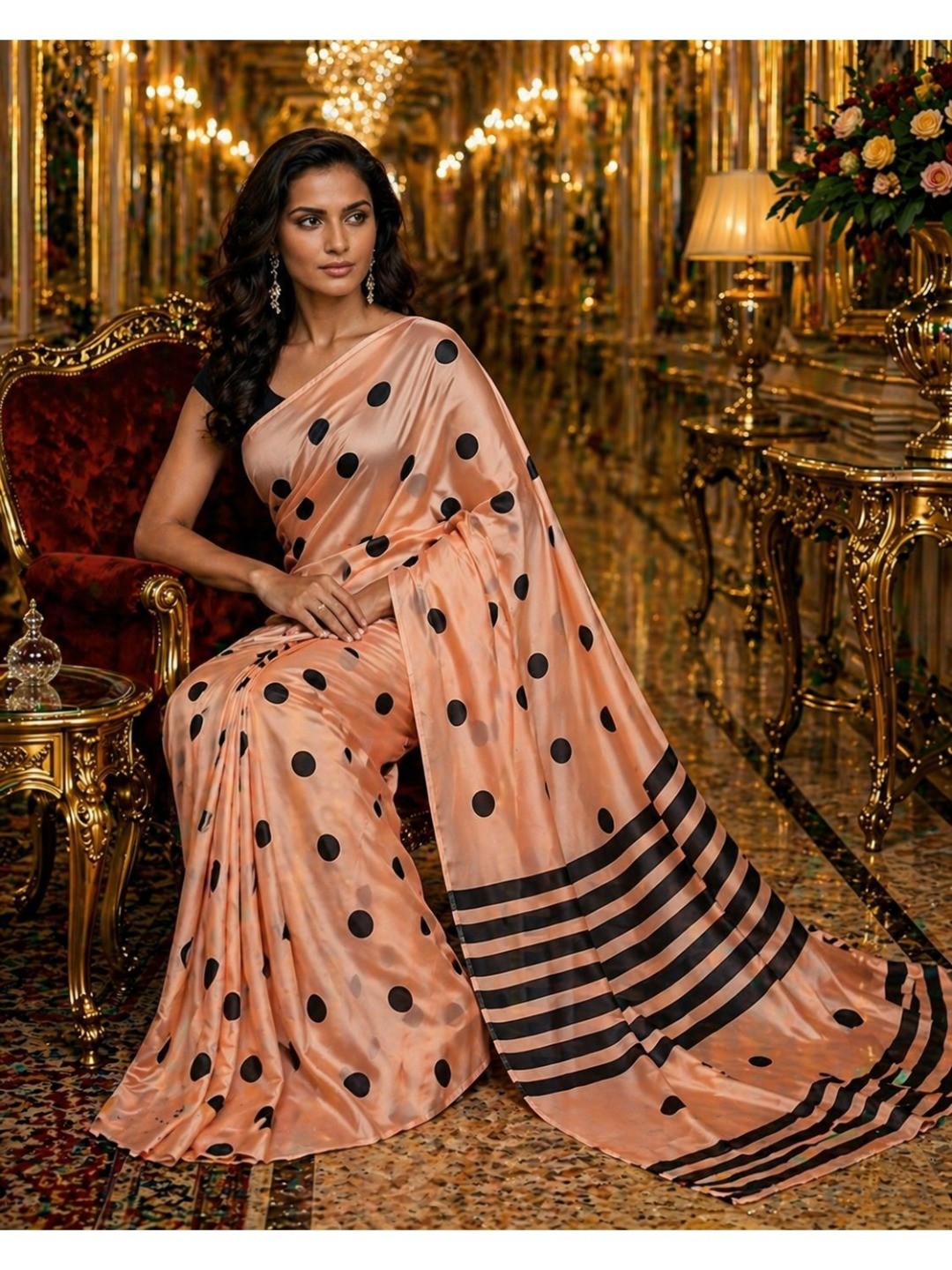 Stylish Peach Polka Dot Printed Work Silk Crepe Saree With Contrast Striped Pallu - Image 4