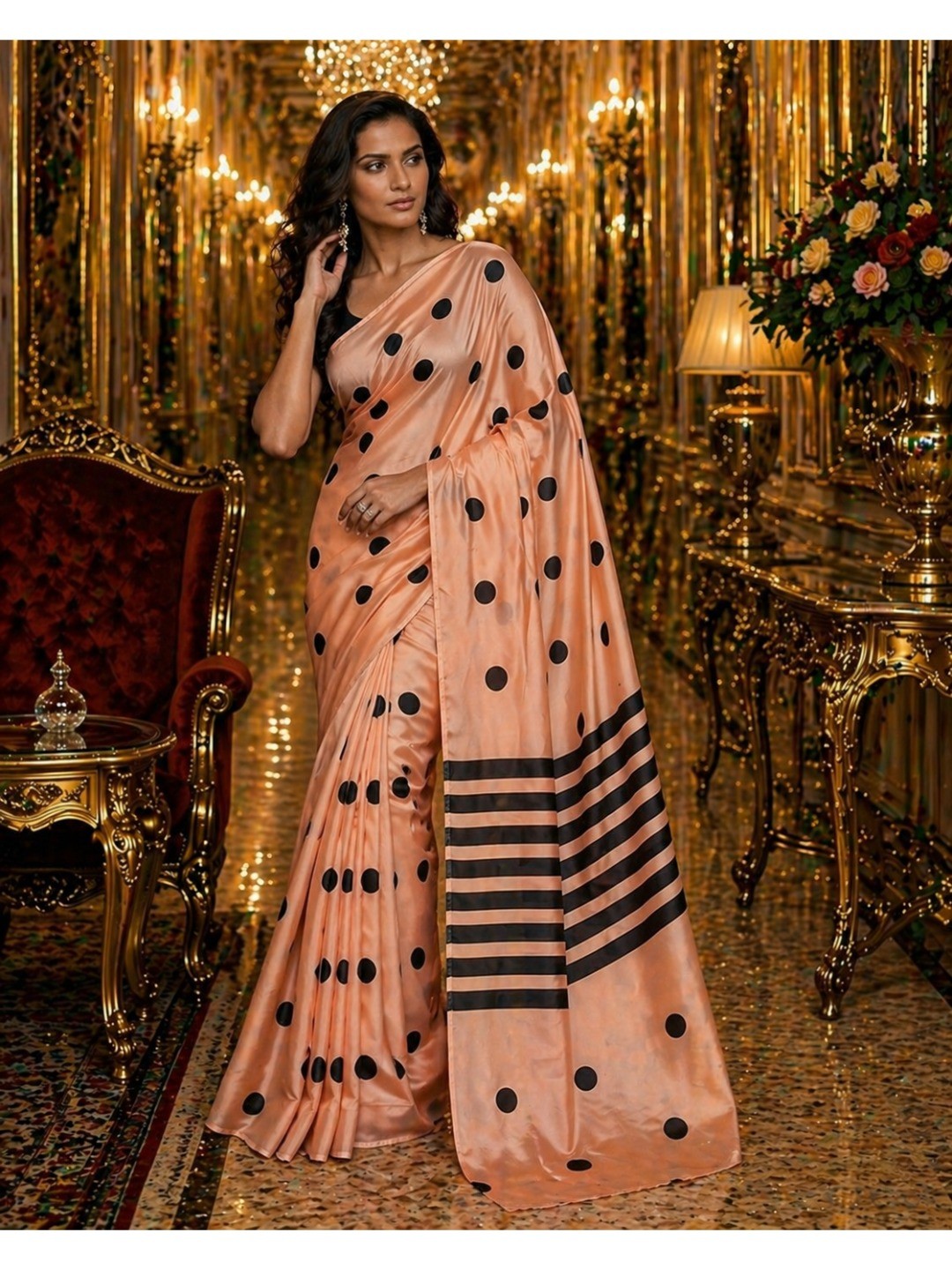 Stylish Peach Polka Dot Printed Work Silk Crepe Saree With Contrast Striped Pallu - Image 5