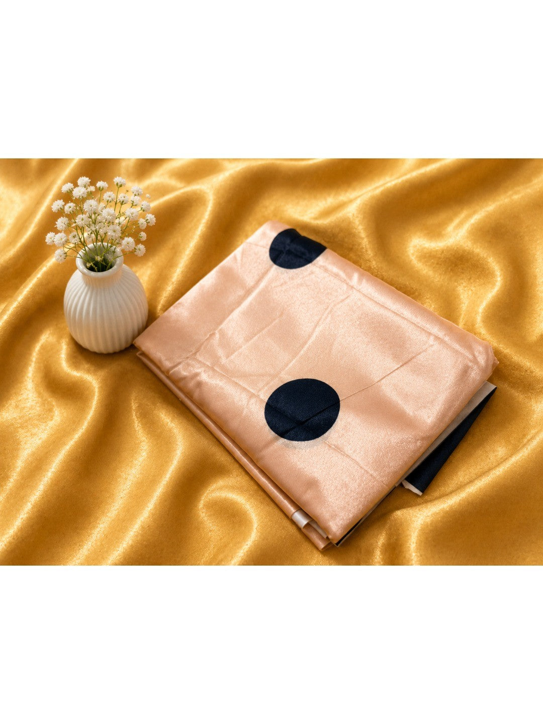 Stylish Peach Polka Dot Printed Work Silk Crepe Saree With Contrast Striped Pallu - Image 6