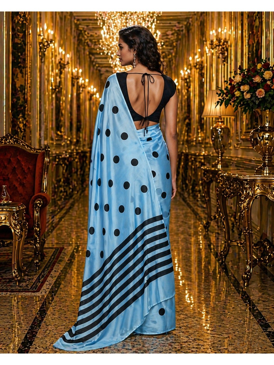 Stylish Blue Polka Dot Printed Work Silk Crepe Saree With Contrast Striped Pallu - Image 2
