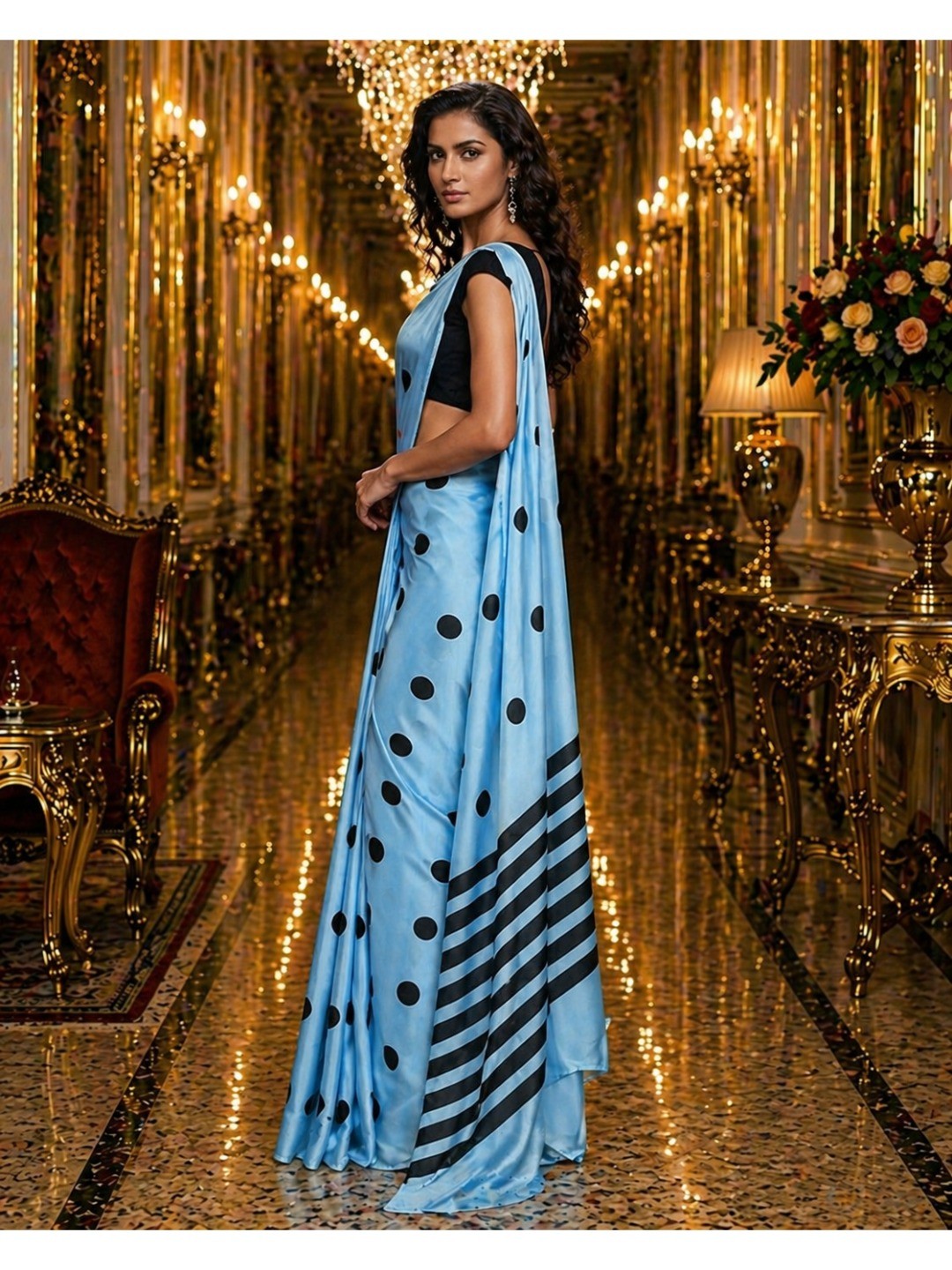 Stylish Blue Polka Dot Printed Work Silk Crepe Saree With Contrast Striped Pallu - Image 3
