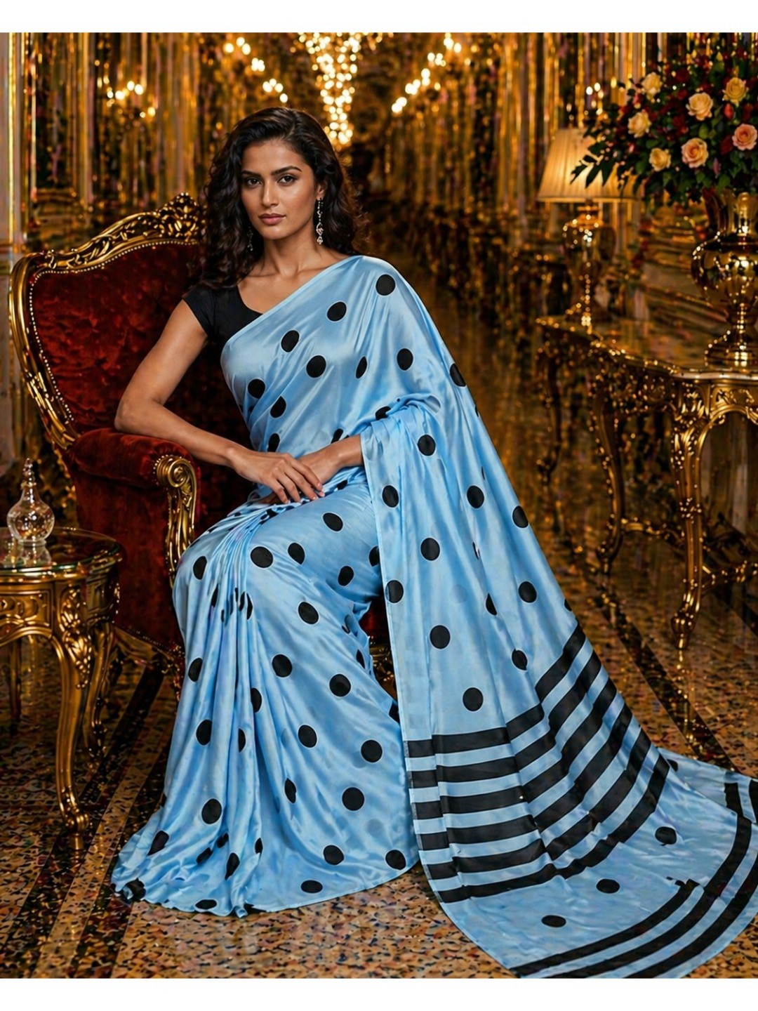 Stylish Blue Polka Dot Printed Work Silk Crepe Saree With Contrast Striped Pallu - Image 4