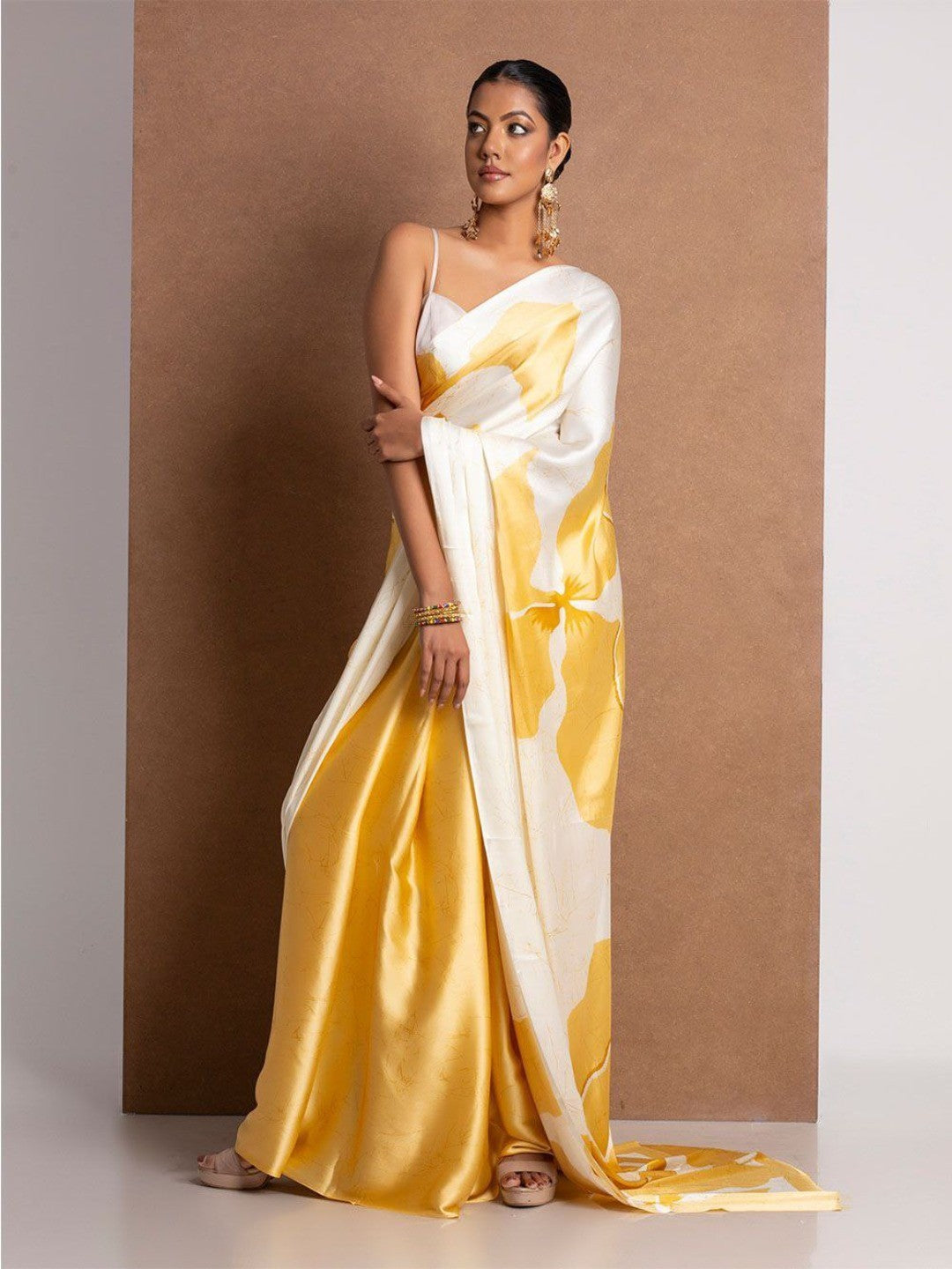Elegant Yellow Floral & Abstract Digital Printed Satin Saree For Contemporary Grace - Image 1