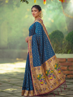 Elegant Morpich Blue Floral Weaving Banarasi Silk Saree With Designer Tassel Pallu - Image 2