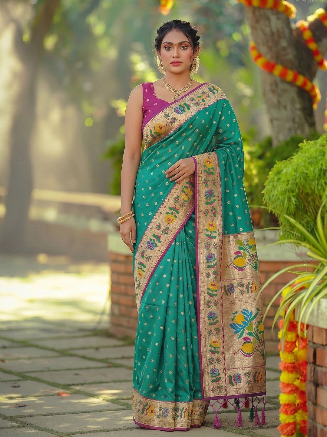 Elegant Rama Green Floral Weaving Banarasi Silk Saree With Designer Tassel Pallu - Image 1