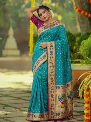 Elegant Rama Blue Floral Weaving Banarasi Silk Saree With Designer Tassel Pallu - Image 1