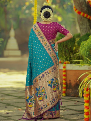 Elegant Rama Blue Floral Weaving Banarasi Silk Saree With Designer Tassel Pallu - Image 2