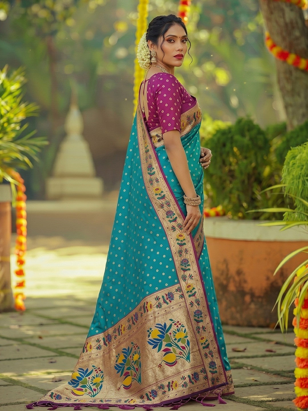 Elegant Rama Blue Floral Weaving Banarasi Silk Saree With Designer Tassel Pallu - Image 3