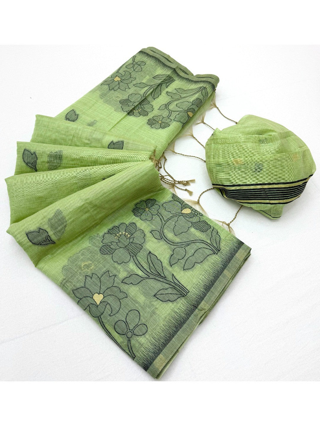 Green Cotton Blend Festive Wear Saree with Elegant Floral Woven Pattern - Image 3