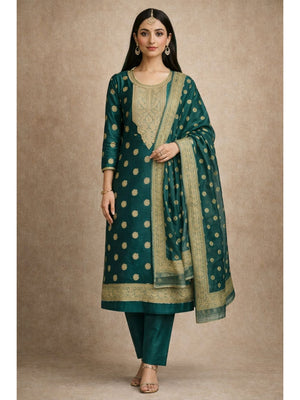 Peachmode Rama Green Banarasi Jacquard Dress Material with Woven Dupatta - Image 1