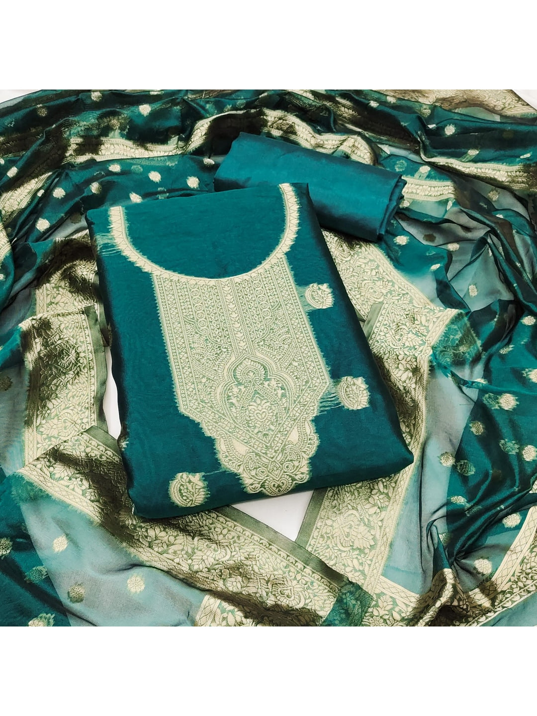 Peachmode Rama Green Banarasi Jacquard Dress Material with Woven Dupatta - Image 1