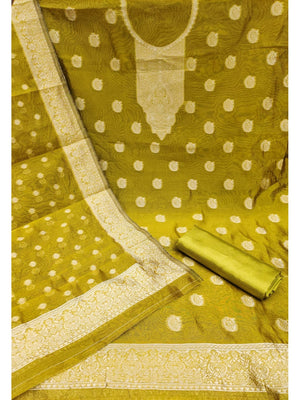 Peachmode Olive Banarasi Jacquard Dress Material with Woven Dupatta - Image 2