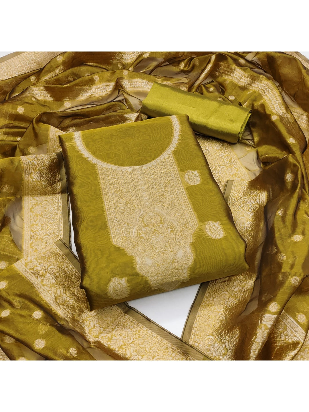 Peachmode Olive Banarasi Jacquard Dress Material with Woven Dupatta - Image 1