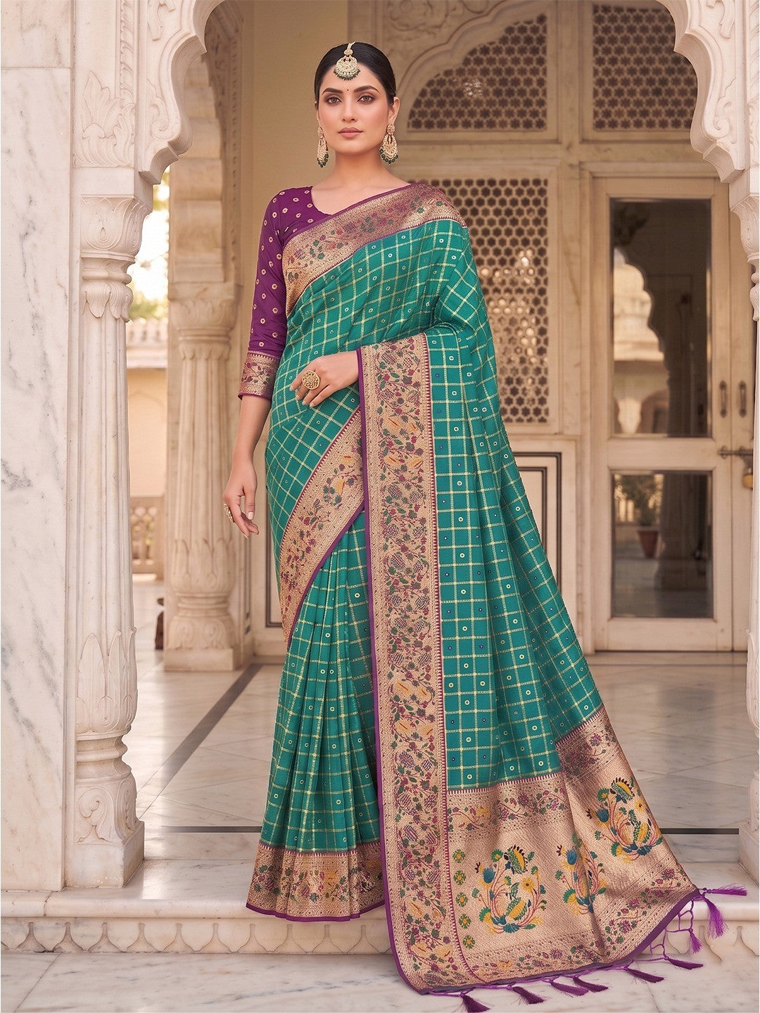 Premium Rama Green Check Motif Weaving Banarasi Silk Saree With Decorative Border & Pallu - Image 1