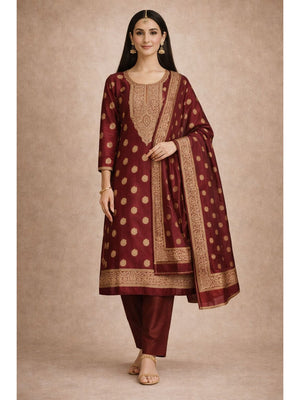 Peachmode Maroon Banarasi Jacquard Dress Material with Woven Dupatta - Image 2