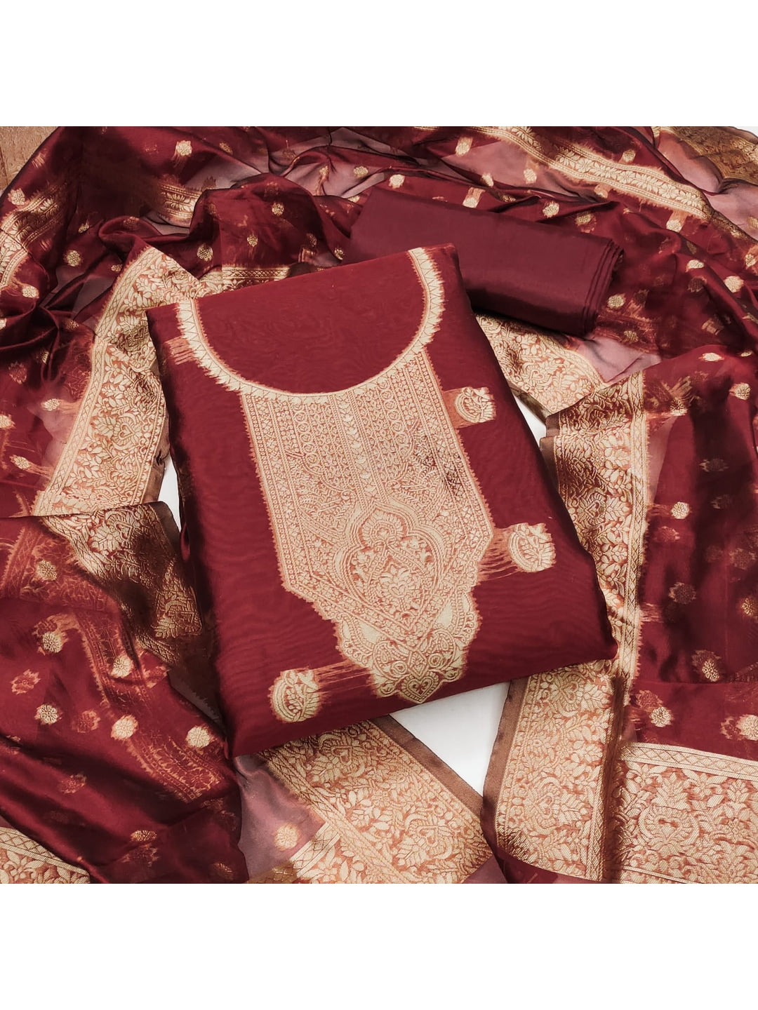 Peachmode Maroon Banarasi Jacquard Dress Material with Woven Dupatta - Image 1