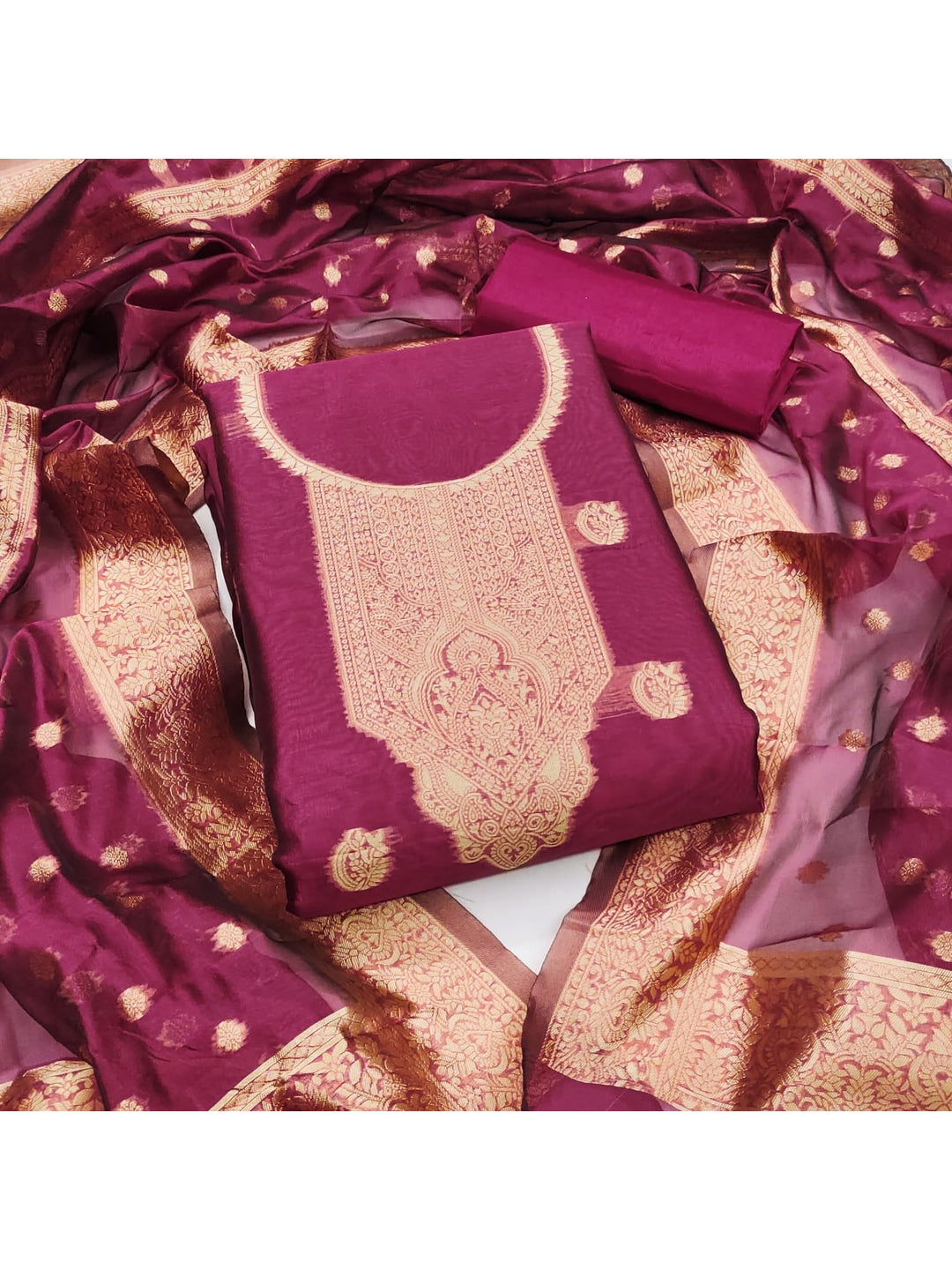 Peachmode Rani Pink Banarasi Jacquard Dress Material with Woven Dupatta - Image 4