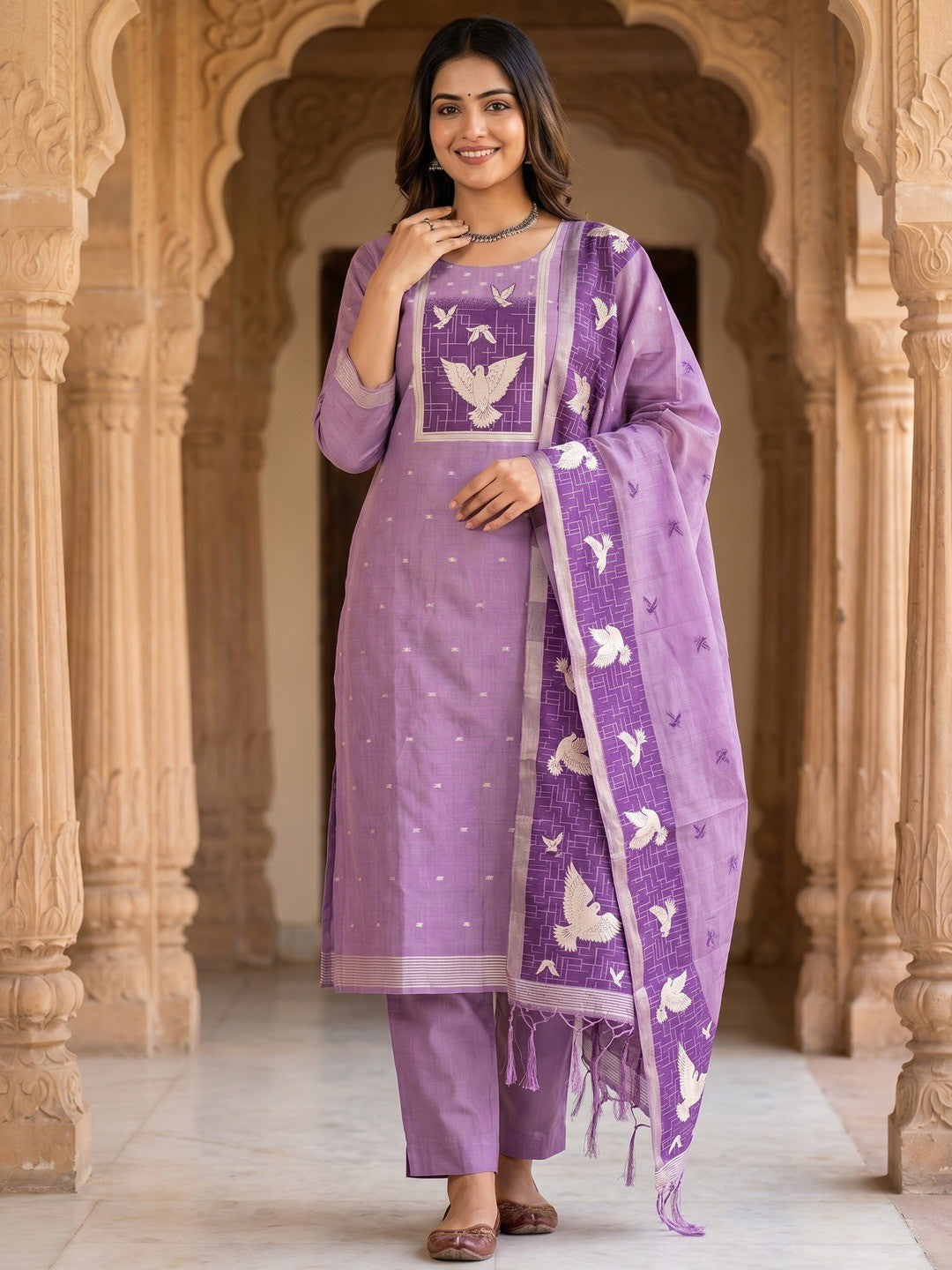 Artistic Purple Floral & Birds Motif Zari Weaving Muga Cotton Blend Jamdani Dress Material - Image 1