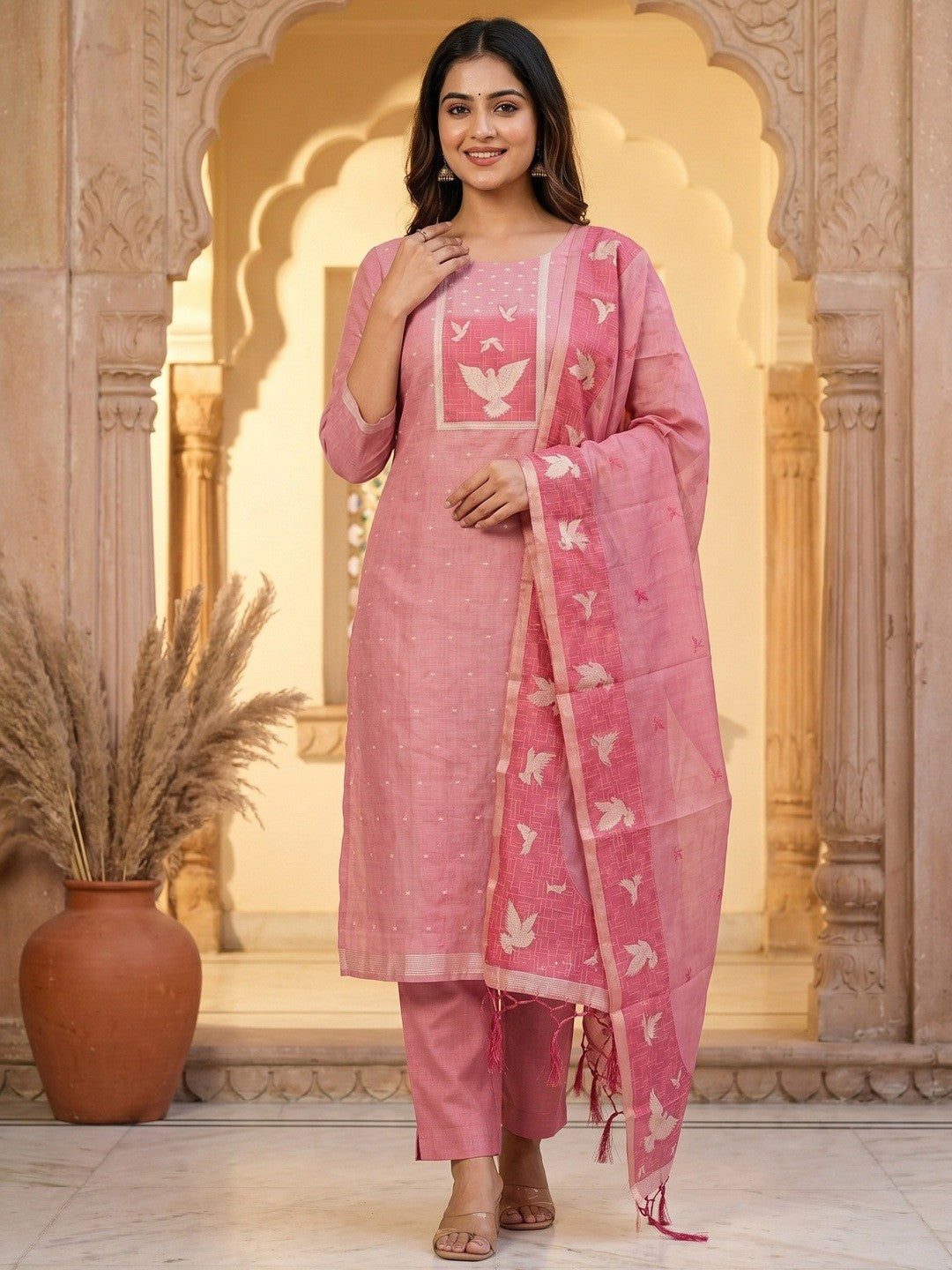Artistic Pink Floral & Birds Motif Zari Weaving Muga Cotton Blend Jamdani Dress Material - Image 1