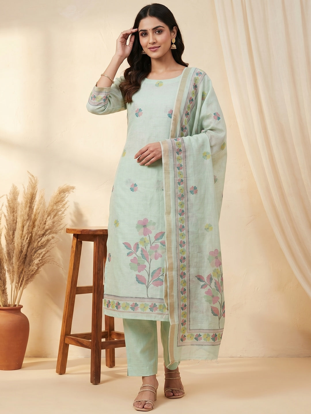 Elegant Floral Woven Mint Green Linen Dress Material - Image 1