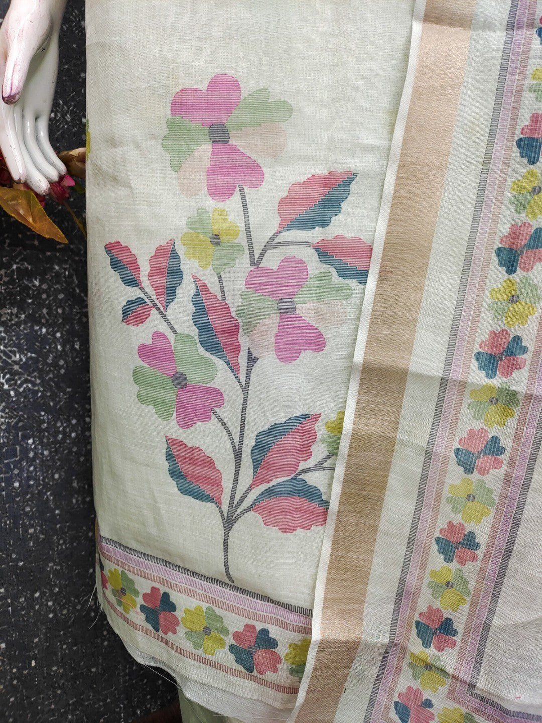Elegant Floral Woven Mint Green Linen Dress Material - Image 3