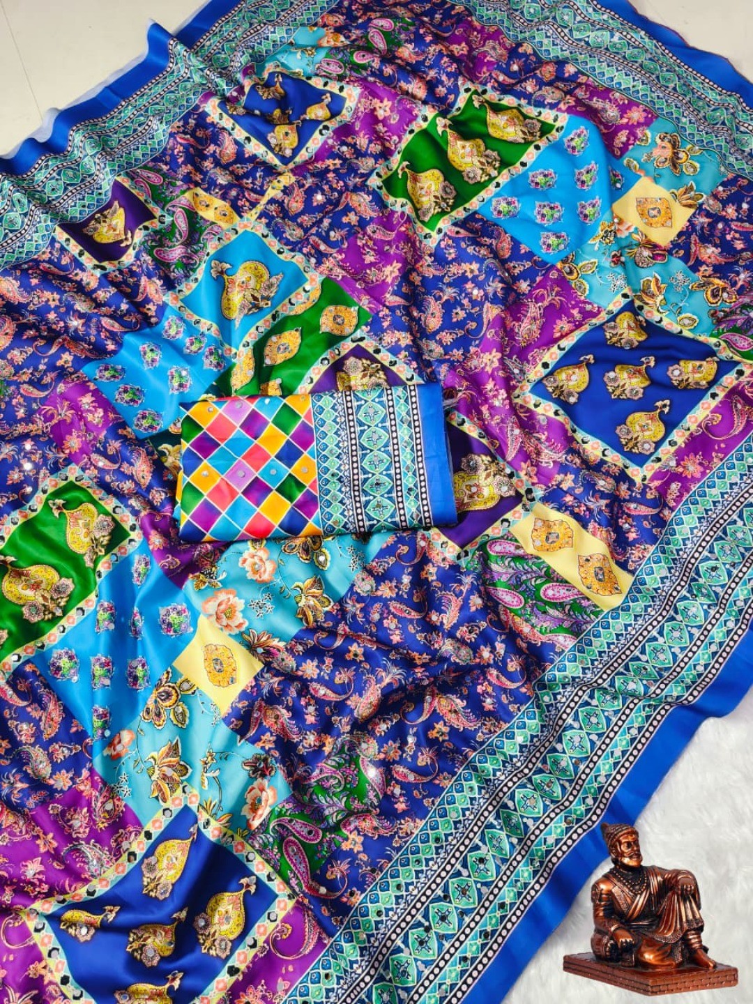 Exclusive Blue Crepe Mirror Work Saree with Vibrant Patchwork Print - Image 3